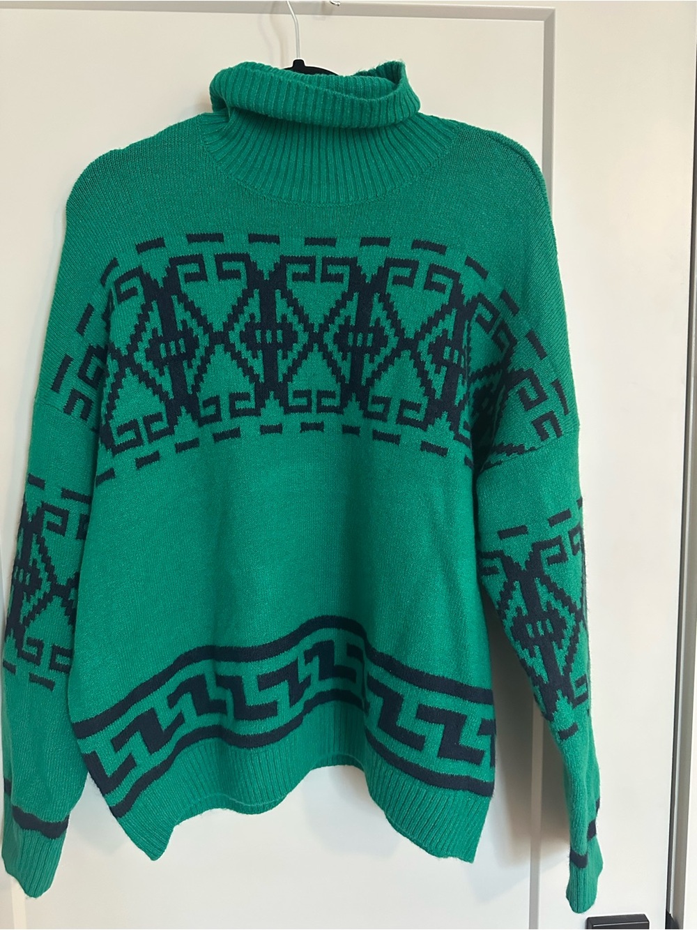 CeCe Green and Black Patterned Turtleneck Sweater